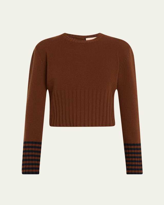 Contrast Cuffs Long-Sleeve Crewneck Knit Sweater
